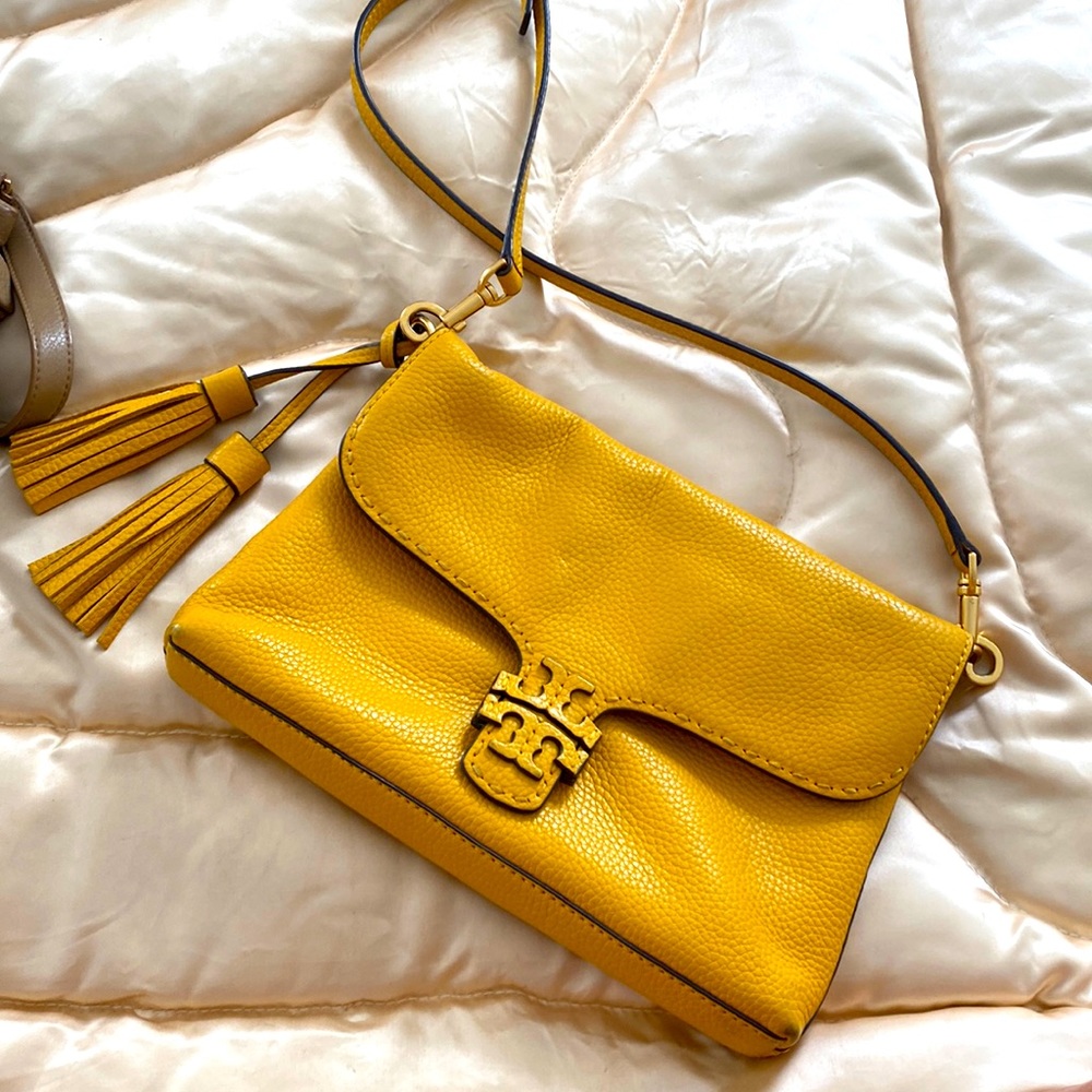 Tory Burch: McGraw fold over cross body in bright mustard yellow